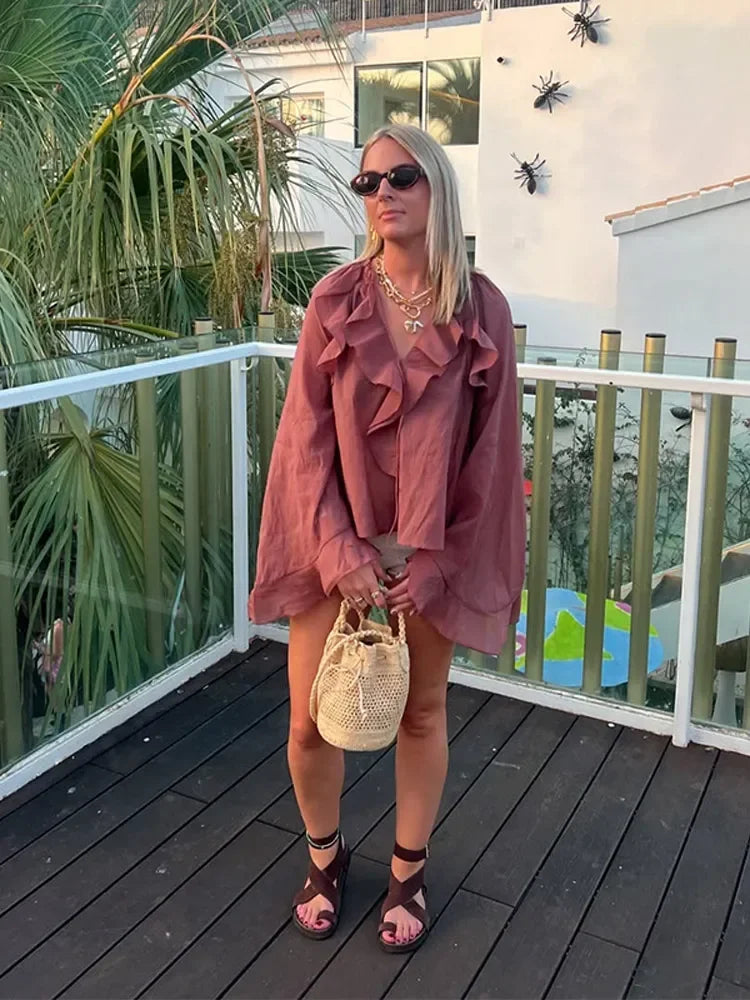 Women's Brown Ruffle Long Sleeve Blouse