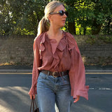 Women's Brown Ruffle Long Sleeve Blouse