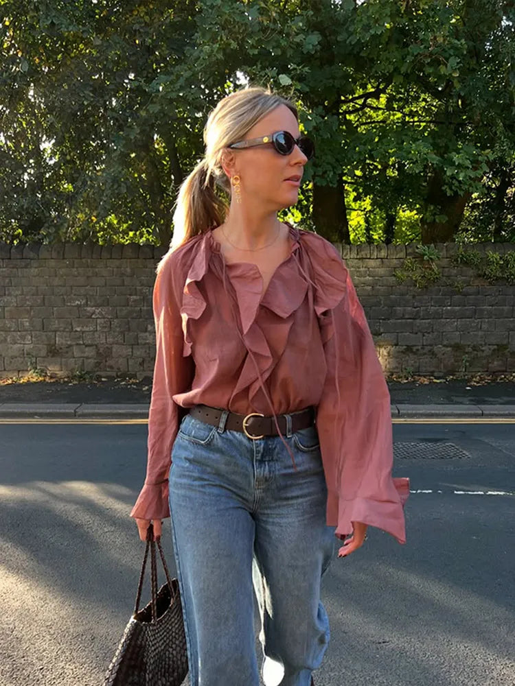 Women's Brown Ruffle Long Sleeve Blouse