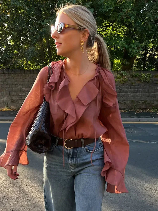 Women's Brown Ruffle Long Sleeve Blouse