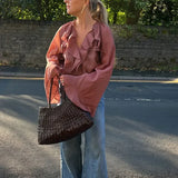 Women's Brown Ruffle Long Sleeve Blouse
