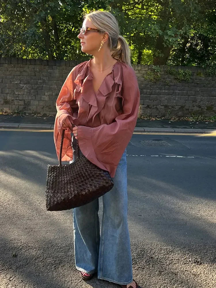 Women's Brown Ruffle Long Sleeve Blouse