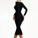 Damen Schwarz Langarm Midi Etui Kleid