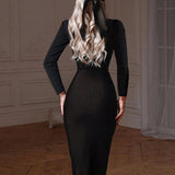 Damen Schwarz Langarm Midi Etui Kleid