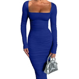 Damen Langarm Quadratausschnitt Midi Etui Kleid