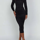Damen Langarm Quadratausschnitt Midi Etui Kleid