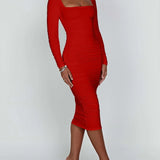 Damen Langarm Quadratausschnitt Midi Etui Kleid
