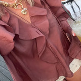 Women's Brown Ruffle Long Sleeve Blouse