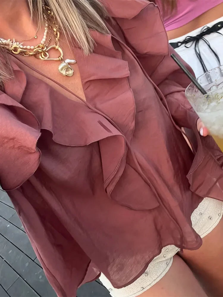 Women's Brown Ruffle Long Sleeve Blouse