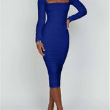 Damen Langarm Quadratausschnitt Midi Etui Kleid