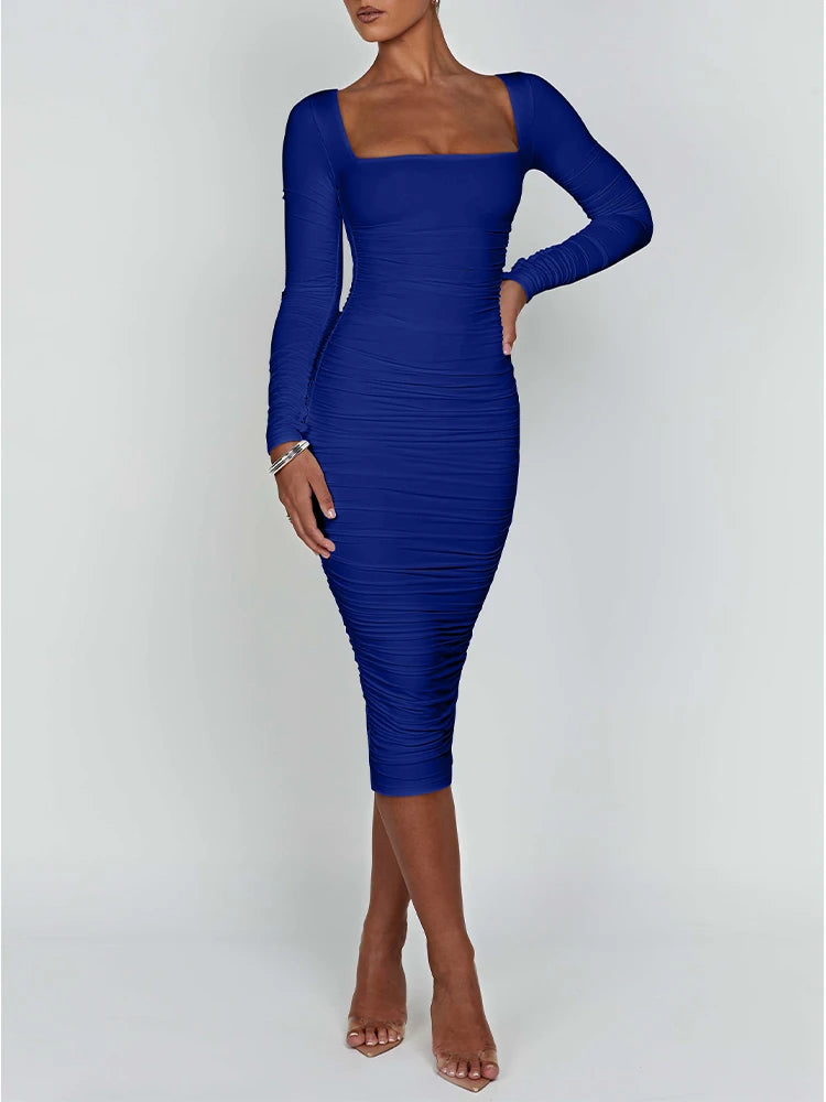 Damen Langarm Quadratausschnitt Midi Etui Kleid