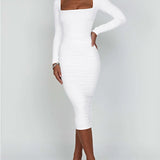 Damen Langarm Quadratausschnitt Midi Etui Kleid