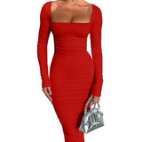 Damen Langarm Quadratausschnitt Midi Etui Kleid