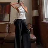 Pantalon chino large noir pour femme