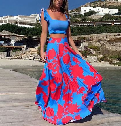 Damen Zweiteiler Bedruckt Maxi Sommerkleid