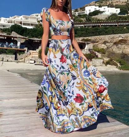 Damen Zweiteiler Bedruckt Maxi Sommerkleid