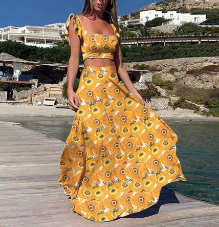 Damen Zweiteiler Bedruckt Maxi Sommerkleid