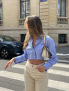 Women's Blue Buttoned Short Blouse with Chest Pocket