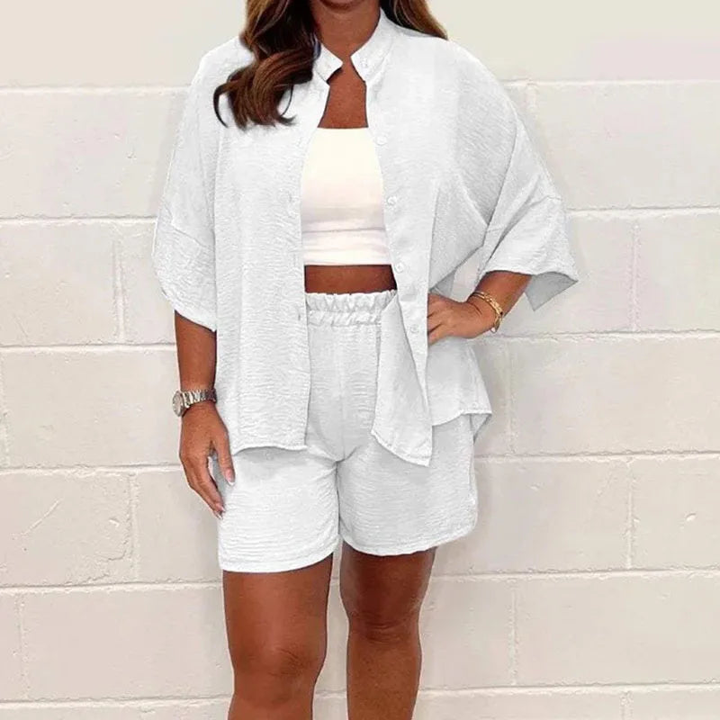 Damen Sommer Geknöpft Hemd und Shorts Zweiteiler Set