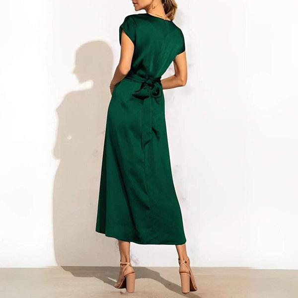 Damen Kurzarm Wickel Midi Hochzeitsgast Kleid